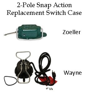 Pictured are the replacemet sump pump switch cases for Zoeller and Wayne one-third horse power sump pumps.